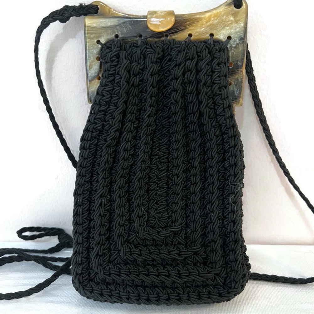Handcrafted Black Crochet Crossbody Bag with Horn Accent